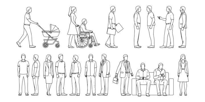 CAD Drawings. Side and front views of diverse people in different activities such as walking, standing, and sitting isolated on white background. Vector illustration.