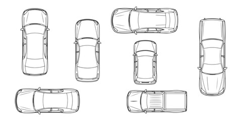 Obraz na płótnie Canvas CAD Drawings. Top view of various cars isolated on white background. Vector illustration.