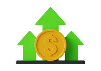 Gold coin with dollar sign and green arrows isolated on transparent background