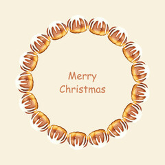 Simple round frame for Christmas. Watercolor illustration of Christmas pudding with white glaze, with viburnum berries. Round vector design with soft colors, perfect for winter decorations, banners