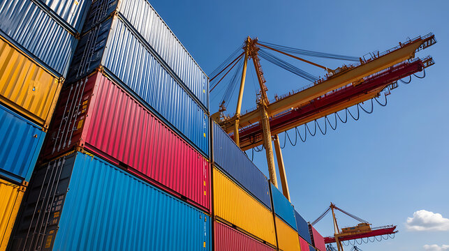 Colorful cargo containers stack high at the port, under a gantry crane reaching across the clear blue sky. Logistics and transportation meet industrial strength.