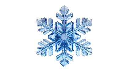 Detailed, six-sided, symmetrical snowflake against black