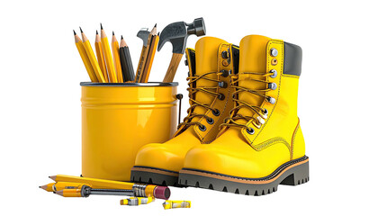 Tools and work boots in bright, colorful studio lighting