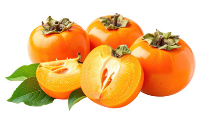Four persimmons, one sliced in half, leaves. Vibrant orange hue