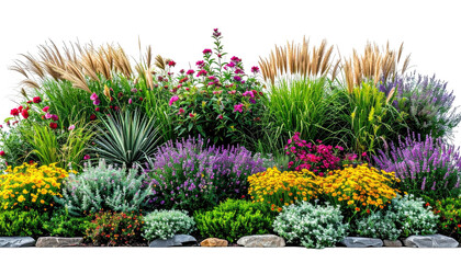 Colorful flower garden with varying plant textures and blooms