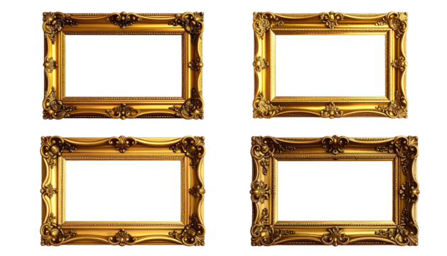Four ornate, gilded frames surround dark empty space
