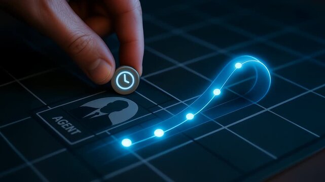 Hand placing clock token agent icon with glowing workflow line representing ai automation process improving time management and efficient workflow