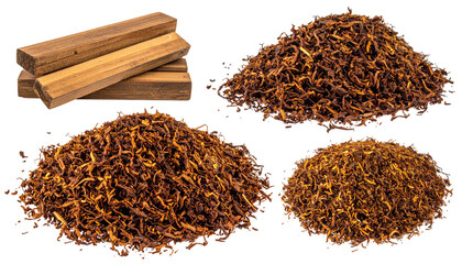 Wood blocks & piles of shredded tobacco on a black background
