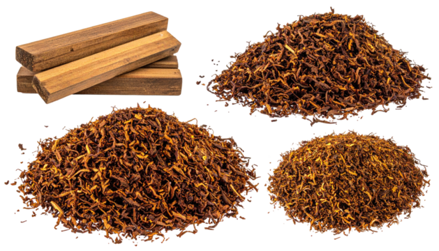 Wood blocks & piles of shredded tobacco on a black background