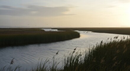 Serene marsh landscape at sunset, with a meandering river and silhouettes of birds