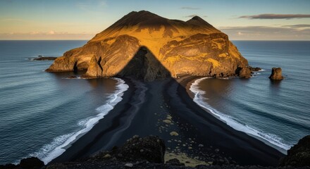 Aerial view of a volcanic island with shadow across black sand beach and ocean