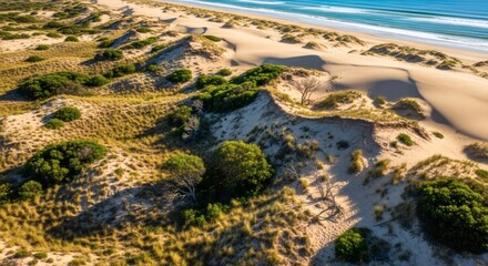 Aerial view of coastal sand dunes with sparse vegetation leading to a turquoise sea