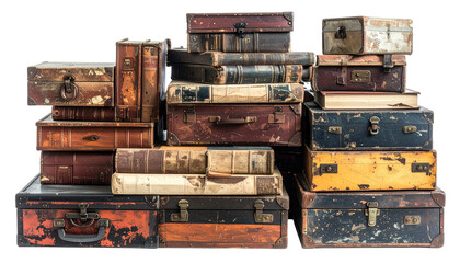 Stacked antique suitcases and old books; worn, timeworn, and aged