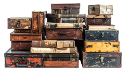 Stacked antique suitcases and old books; worn, timeworn, and aged