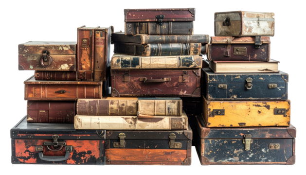 Stacked antique suitcases and old books; worn, timeworn, and aged
