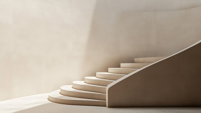 Minimalist architecture showcasing elegant, curved stairs bathed in soft, natural light, highlighting the interplay of shadows and form. A study in simplicity and modern design.