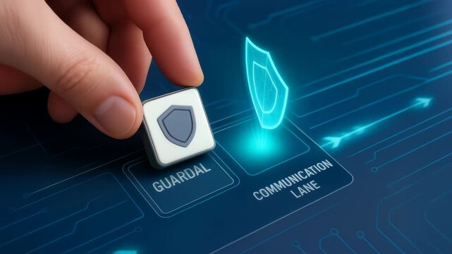 Hand placing security key on digital interface with ai agent workflow automation enhancing communication lane protection and technology safeguards - Powered by Adobe