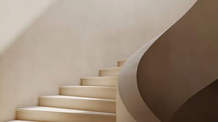 Naklejka premium Minimalist stairway with cream-colored steps ascends to an unseen upper level, complemented by a curved wall, creating a seamless flow and modern aesthetic. Elegant design.