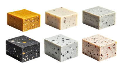 Six varied speckled stone cubes with colorful granular textures