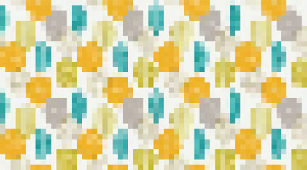 Abstract pixelated background features orange, teal, yellow, and gray squares in a mosaic-like pattern on a white surface that conveys a sense of modern digital art
