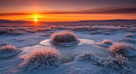 Frozen landscape at sunrise; icy ground, frosted plants, and vibrant orange sky with sun