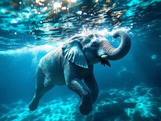 Wild elephant swimming underwater with visible tusks and bubbles in clear blue water. Dynamic wildlife scene captured in motion with cinematic lighting and natural detail
