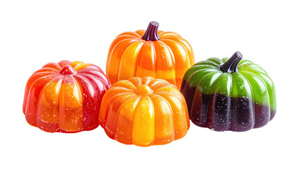 Four glossy pumpkin-shaped candies in varied fall colors