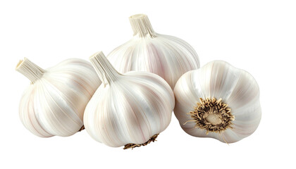 Group of four garlic bulbs, white skin, stems visible