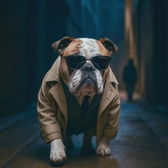 Bulldog wearing sunglasses and trench coat walking in urban alley