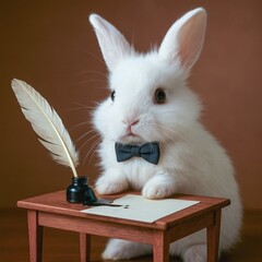 White rabbit wearing bow tie sitting at wooden desk with quill and paper