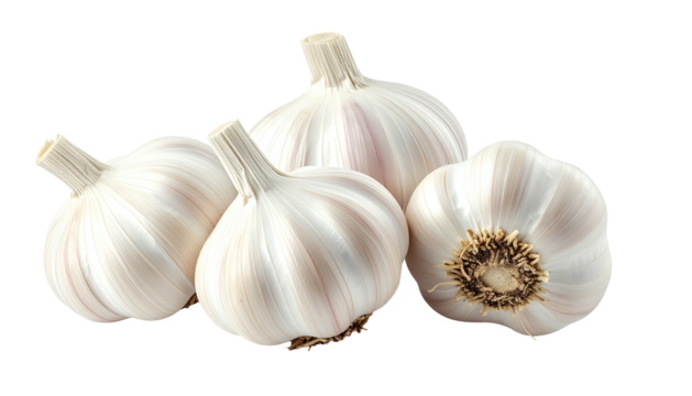 Group of four garlic bulbs, white skin, stems visible