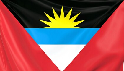National flag of Antigua and Barbuda with black, blue, and white tricolor, rising yellow sun, and red triangles symbolizing heritage and hope.