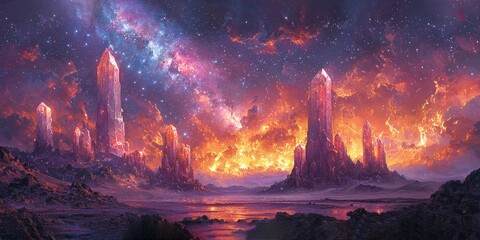 Breathtaking Ringed Planet Landscape with Tower | Epic Sci Fi Scene Featuring Distant Planet and Spire | Futuristic Alien World with Massive Ringed Planet | Surreal Cosmic Landscape with Tower