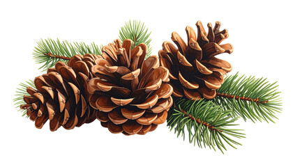 Three pinecones with fir sprigs, isolated on a transparent background