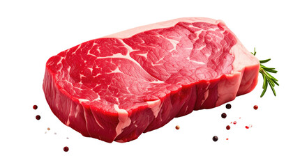 Juicy, raw steak with marbling and herb garnish on dark ground