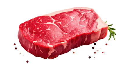 Juicy, raw steak with marbling and herb garnish on dark ground