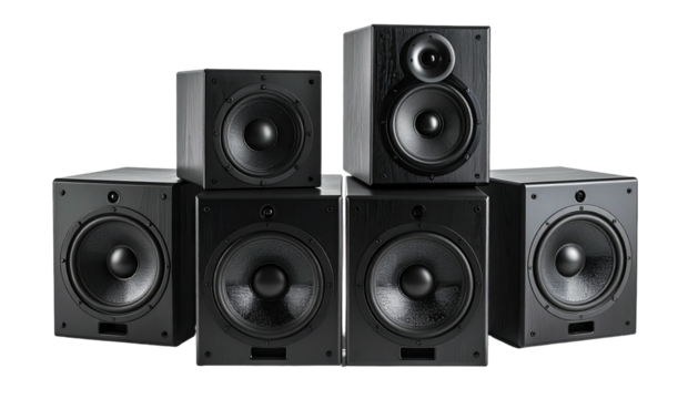 Stack of six black wooden speakers centered on a dark backdrop