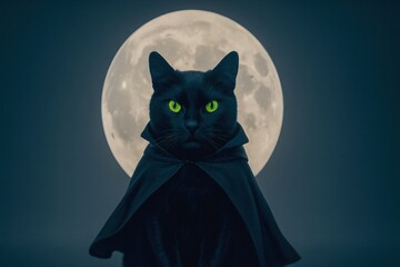 Black cat wearing cape in front of full moon at night