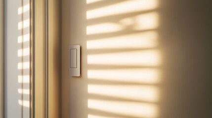 Warm light filtering through blinds casts linear shadows across a wall. The composition focuses on the interplay of light and shadow, with a light switch adding a practical element.