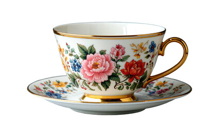 Floral teacup and saucer, gold trim, against a black backdrop