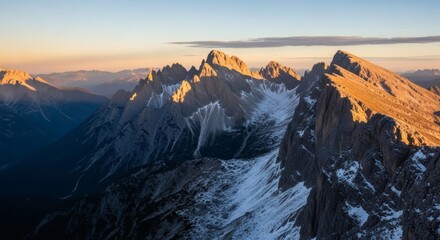 Majestic high-altitude mountain range bathed in golden light during sunset, rugged peaks