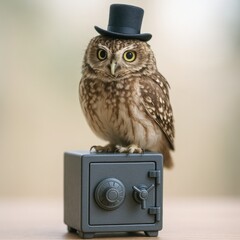 Owl wearing top hat sitting on a small safe box with neutral background