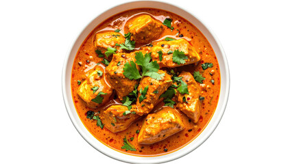 Rich tomato-based chicken curry topped with parsley in a white bowl