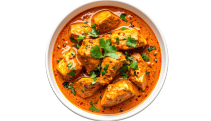 Rich tomato-based chicken curry topped with parsley in a white bowl
