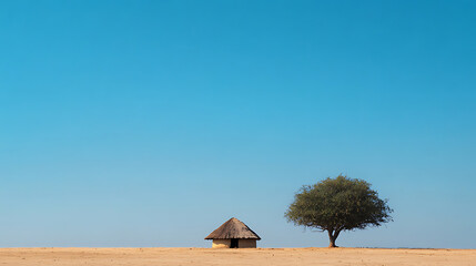 Simplicity in the Desert: A solitary hut and tree stand against a clear blue sky, creating a serene landscape in a barren region. Evokes peace and solitude.