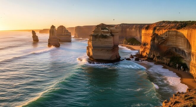 Coastal view featuring rock formations in the ocean at sunset with waves, sand, & distant horizon - Powered by Adobe