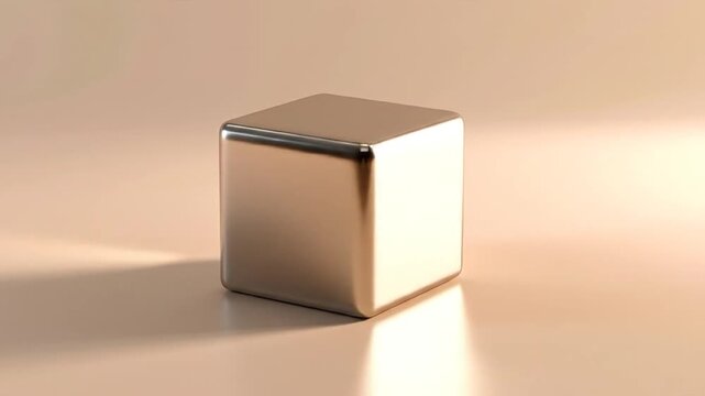 A metallic cube reflects light against a pale background, highlighting form and shadow