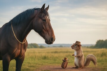 Horse and squirrel wearing hats facing each other in outdoor field
