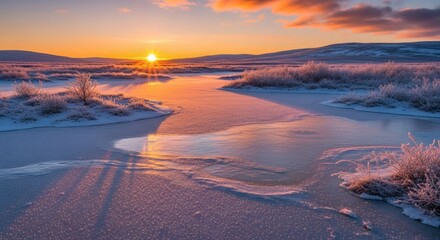 Sunrise over frozen river, casting long shadows across snow-covered landscape. Majestic winter scene