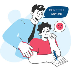 Two men one with light blue shirt and tie whispering secrets to another man in red shirt writing on paper with sad